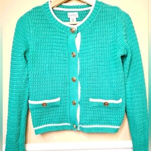 Nicole Miller Cardigan Sweater~Gold Buttons Women Size XS Green Knit Classic
